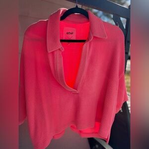Aerie Cropped 3/4 Sleeve Vibrant Pink Ribbed  Sweatshirt, SZ L/XL
